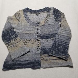 Chaudry KC Large Cardigan Sweater Blue Abstract Wool Blend Button Front Bohemian